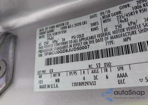 2018 Ford Escape Se из США, поврежденный, VIN 1FMCU0GD8JUD50007